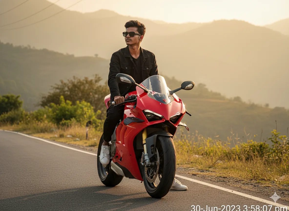 Example of AI-generated motorcycle rider portrait created with our prompt generator showing realistic DSLR-quality motorcycle scene